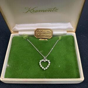 14K Gold Overlay Krementz silver Heart Pendant Necklace 18” Vintage Lt Green